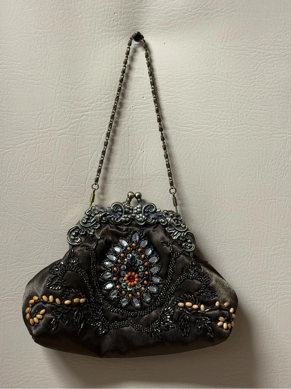 Giftcraft  Beaded Evening Bag Bronze Tone Floral Embellished Clutch Purse